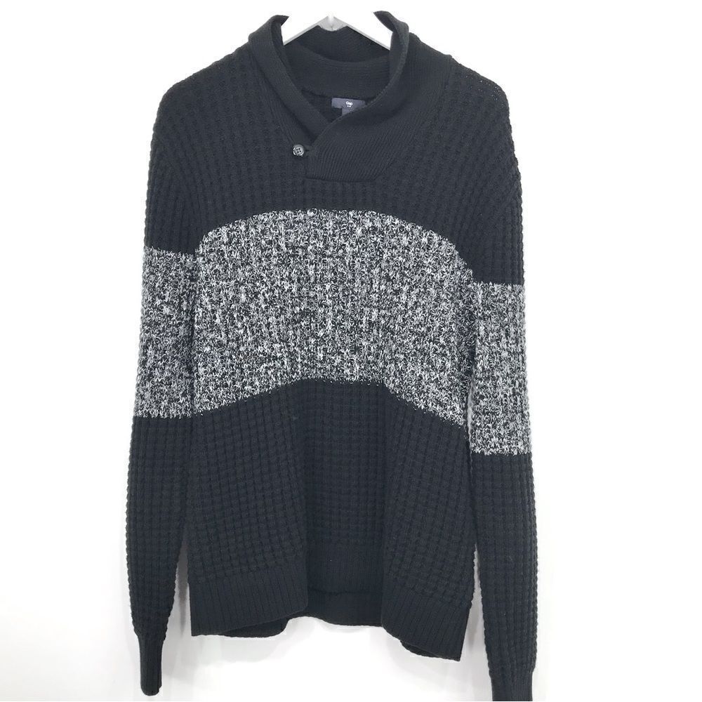 Gap Black Marled Colorblock Chunky Knit Pullover Collared Sweater